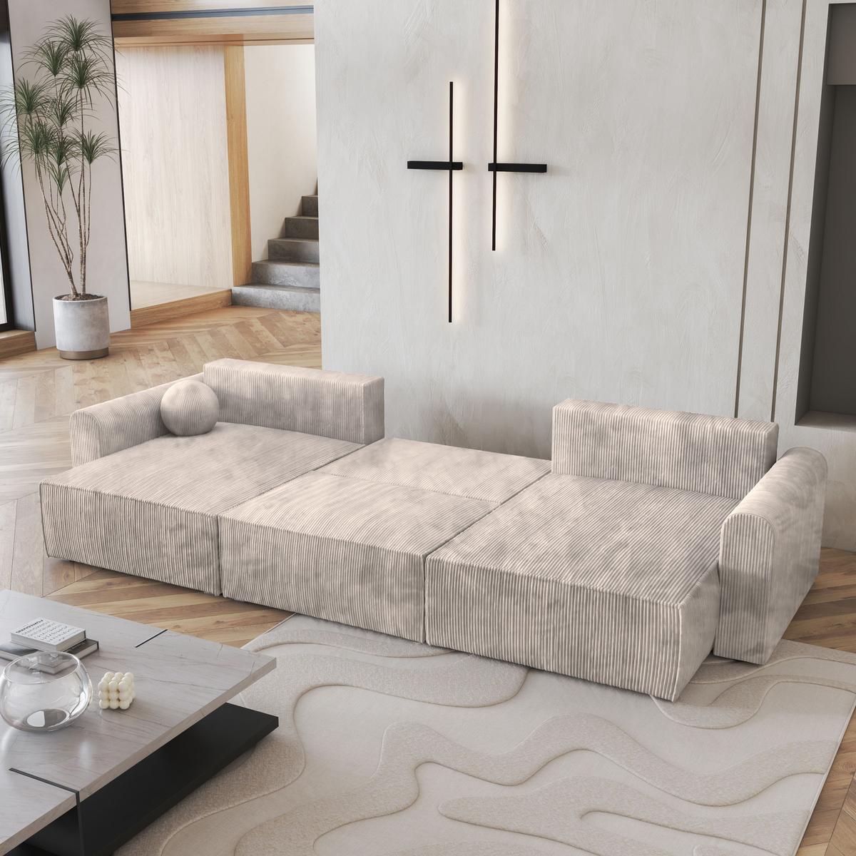 WOHNLANDSCHAFT FENTO P Creme Kordstoff mit Schlaffunktion - Creme/Grau, Holz/Kunststoff (347/90/148cm) - MASSENO