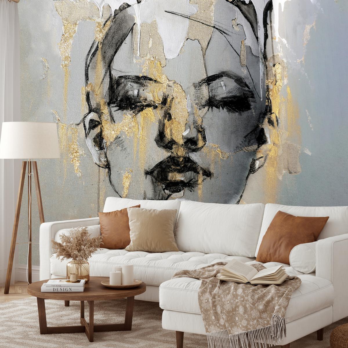 FOTOTAPETE für Wohnzimmer Frau Abstraktes Porträt Beton Modern Gold 500x350 - Gelb/Goldfarben, Papier (500/350cm) - Muralo