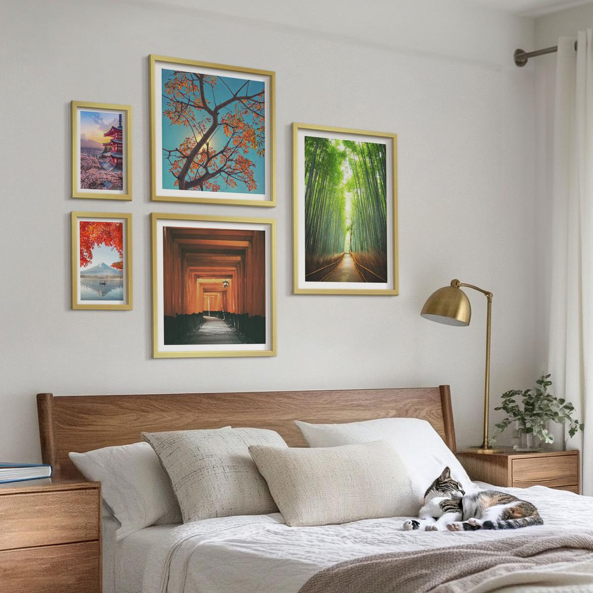 BILDER SET 5er Set - 50x50 cm & 20x30 cm & 40x60 cm Goldrahmen - Meerblick, farbenfrohe Häuser - Goldfarben, Kunststoff (40/60cm) - TULUP