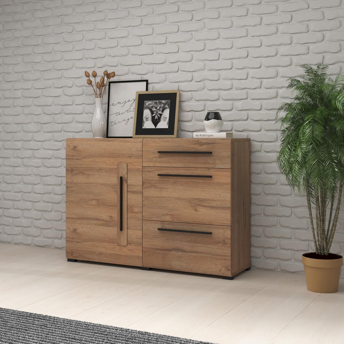 KOMMODE TULLIA 120/86/39 cm mit 3 Schubladen und 1 Türen Eichefarben - Eichefarben, Holzwerkstoff (120/86/39cm) - MASSENO