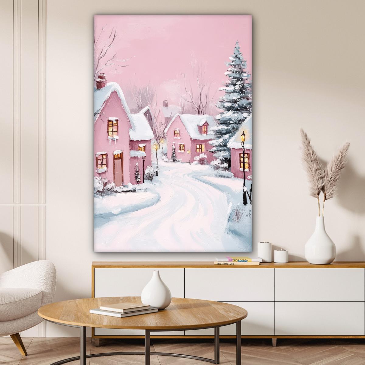 LEINWANDBILD Weihnachtsdorf - Rosa - Winter - Schnee - Häuser Deko XXL 80x120 cm - Altrosa, Textil (80/120cm) - MuchoWow