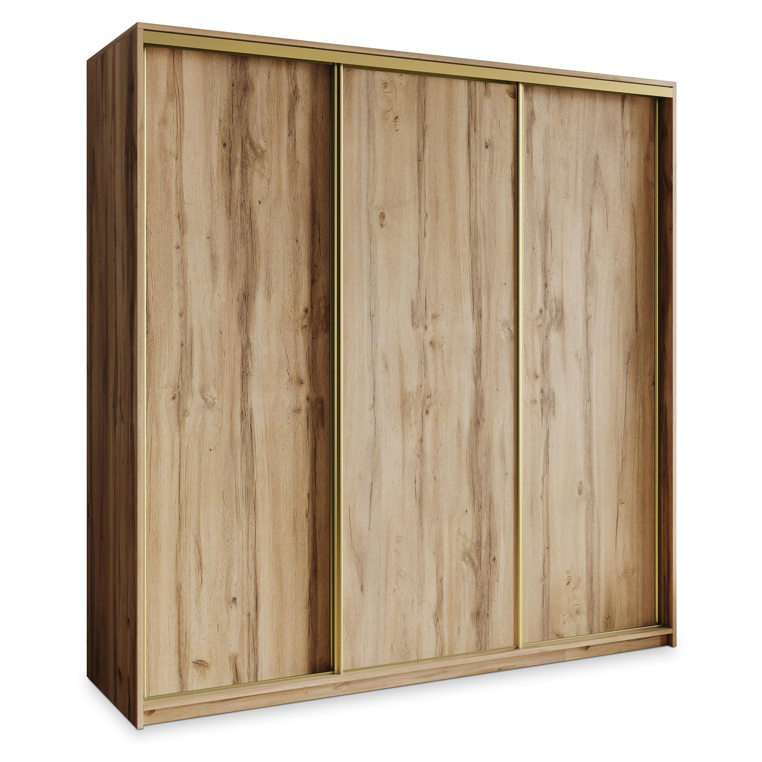 SCHWEBETÜRENSCHRANK NISSE 180/205/60 cm 3-türig mit Schubladen Eiche Wotan - Eiche Wotan/Nickelfarben, Holzwerkstoff (180/205/60cm) - MASSENO