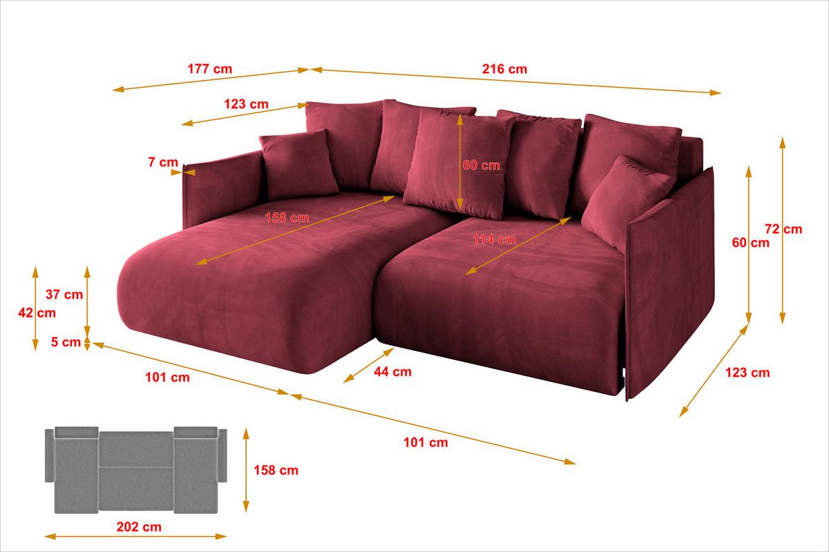 ECKSOFA Ottomane links ONESK-L 216x177x72 Bordeauxrot Velours - Bordeaux, Holzwerkstoff/Kunststoff (216/177cm) - ALTDECOR