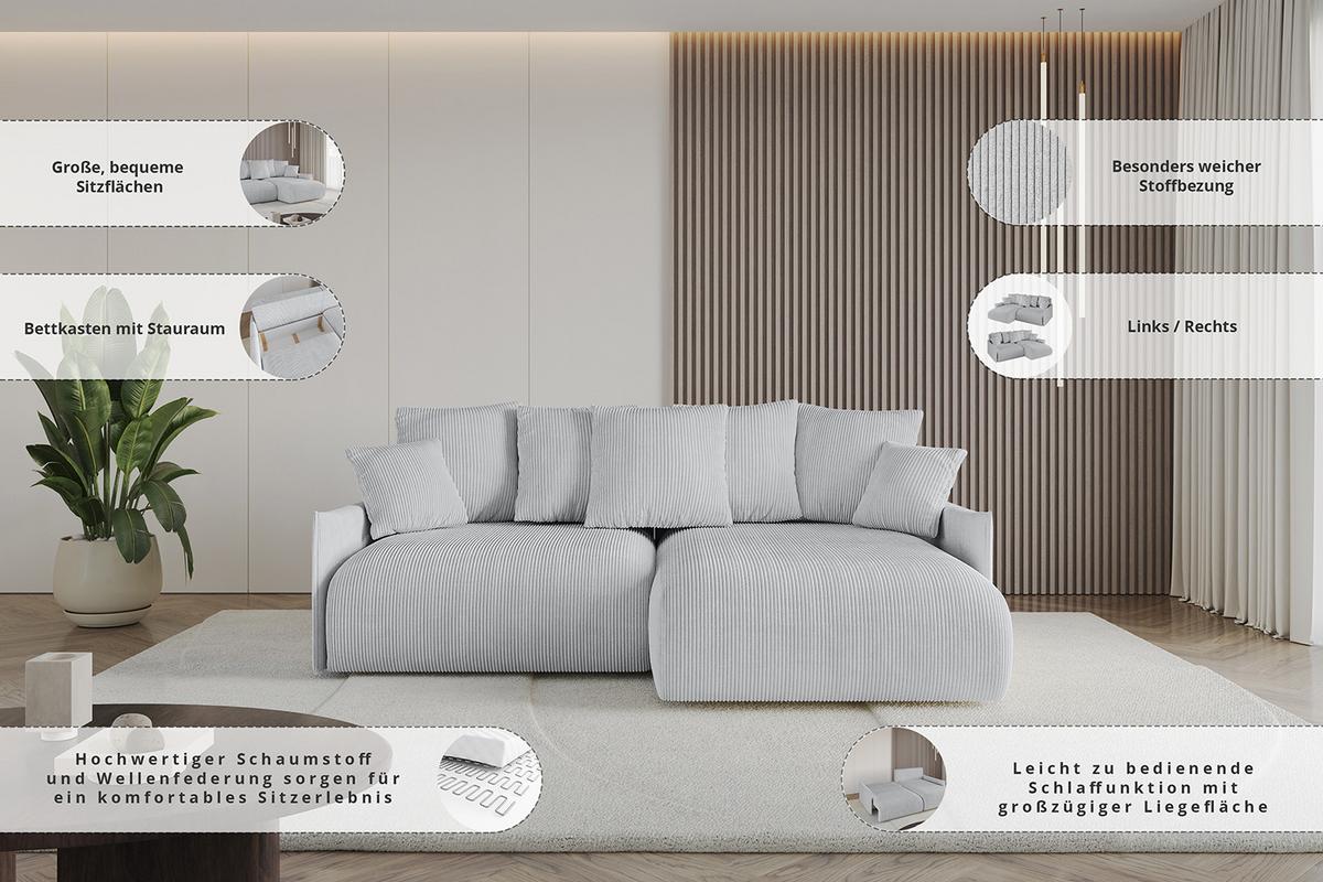 ECKSOFA Ottomane rechts ONESK-L -v1 216x177x72 Grau Bouclé - Platinfarben, Holzwerkstoff/Kunststoff (177/216cm) - ALTDECOR