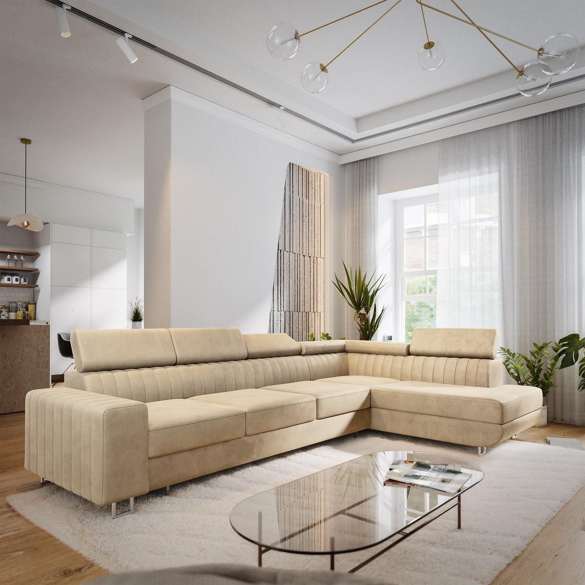 ECKSOFA HESTION Creme Velours-Stoff mit Schlaffunktion - Creme, Holz (332/190cm) - MASSENO