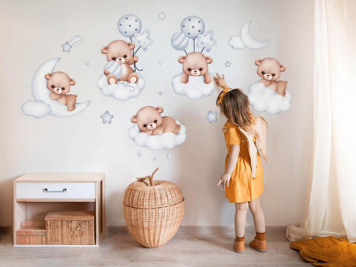 WANDAUFKLEBER 100x176cm - Teddybären am Himmel - Multicolor, Kunststoff (100/176/0.1cm) - Wallfluent