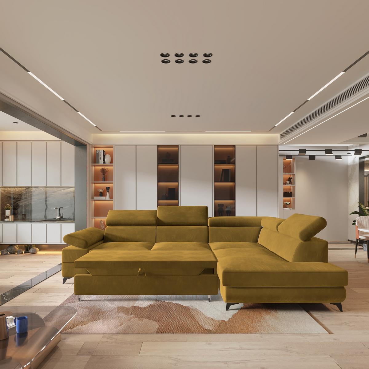 ECKSOFA FAVIEN R-S Gelb Velours-Stoff mit Schlaffunktion - Gelb, Holz (257/190cm) - MASSENO