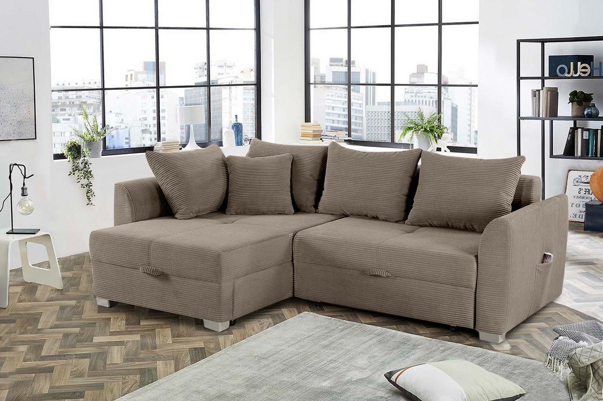 ECKSOFA mit Schlaffunktion und Bettkasten, seitenverkehrt montierbar B236/T160/H81 cm, Liegefl. 142x202 cm, Cord Braun Taupe / 15208 - Chromfarben/Braun, Kunststoff/Textil (236/160cm) - luma-home