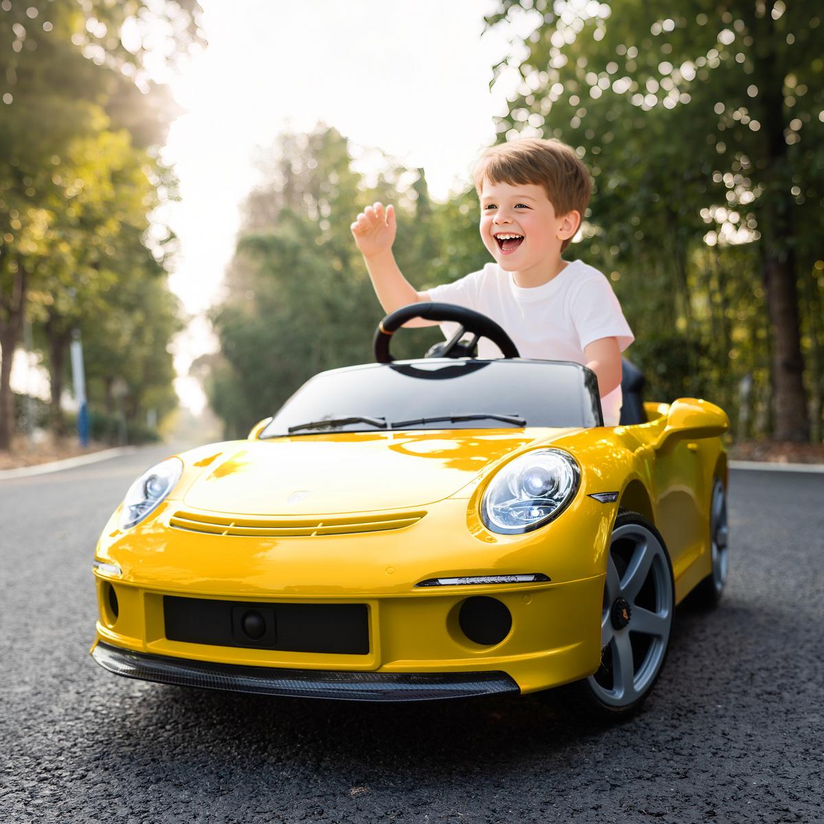 KINDER-ELEKTROAUTO 12V mit 2,4 GHz Fernbedienung, Softstart, Federungssystem - Gelb, Kunststoff (108/65.5/47cm) - AIYAPLAY