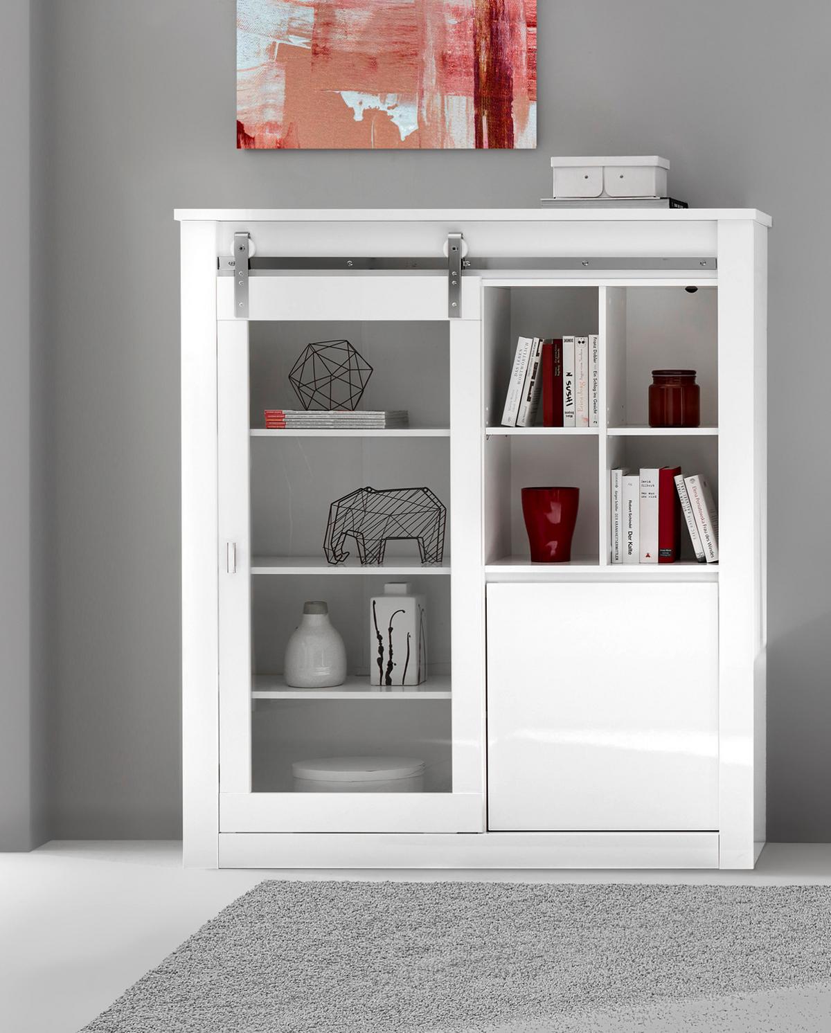 VITRINE weiß Hochglanz 133 x 153 cm, Vitrinenschrank inklusive LED-Beleuchtung, Soft-Close - Chromfarben/Weiß Hochglanz, Glas/Holzwerkstoff (133/153/38cm) - Furn.Design