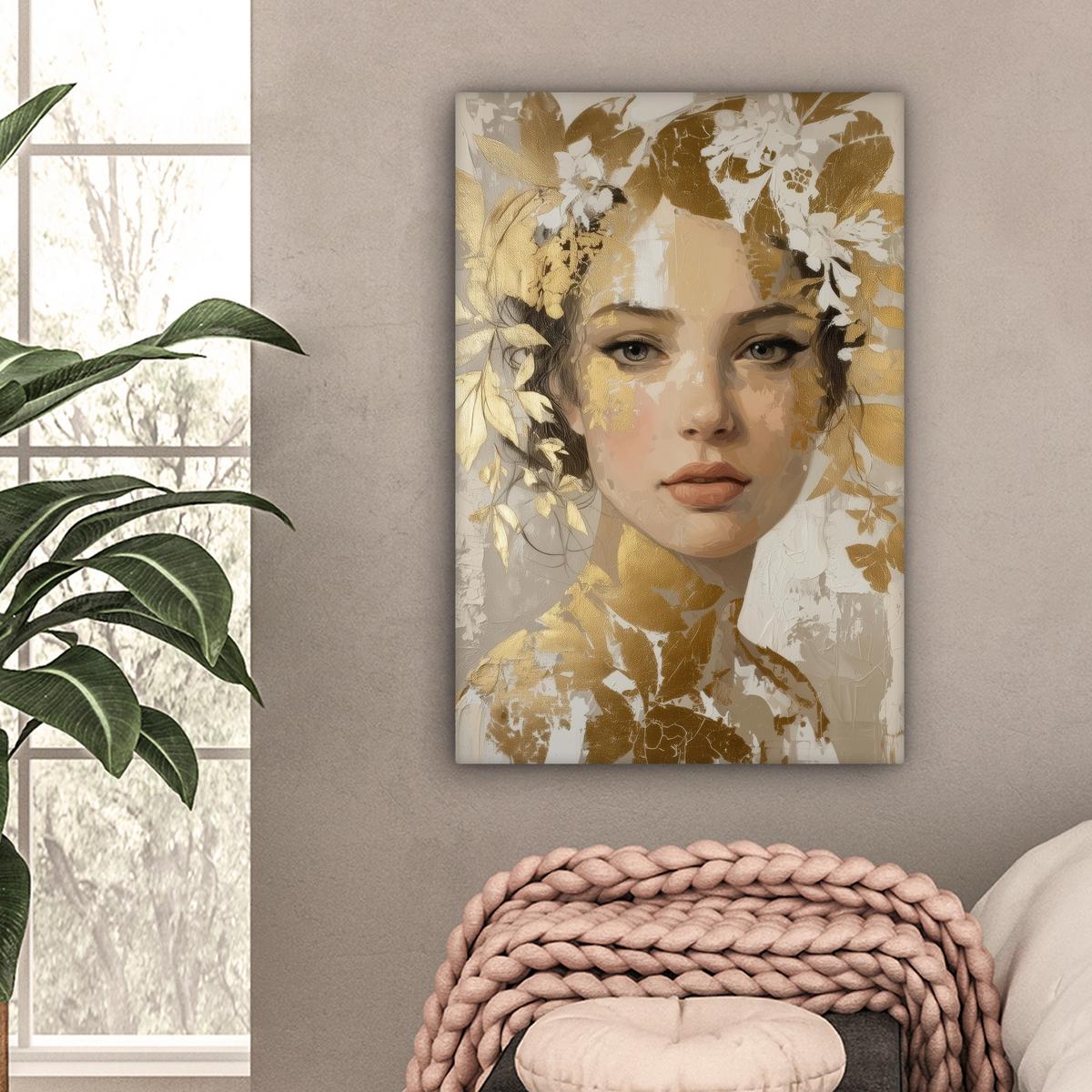 LEINWANDBILD Gesicht - Frau - Blätter - Gold Wanddeko 40x60 cm - Beige, Textil (40/60cm) - MuchoWow