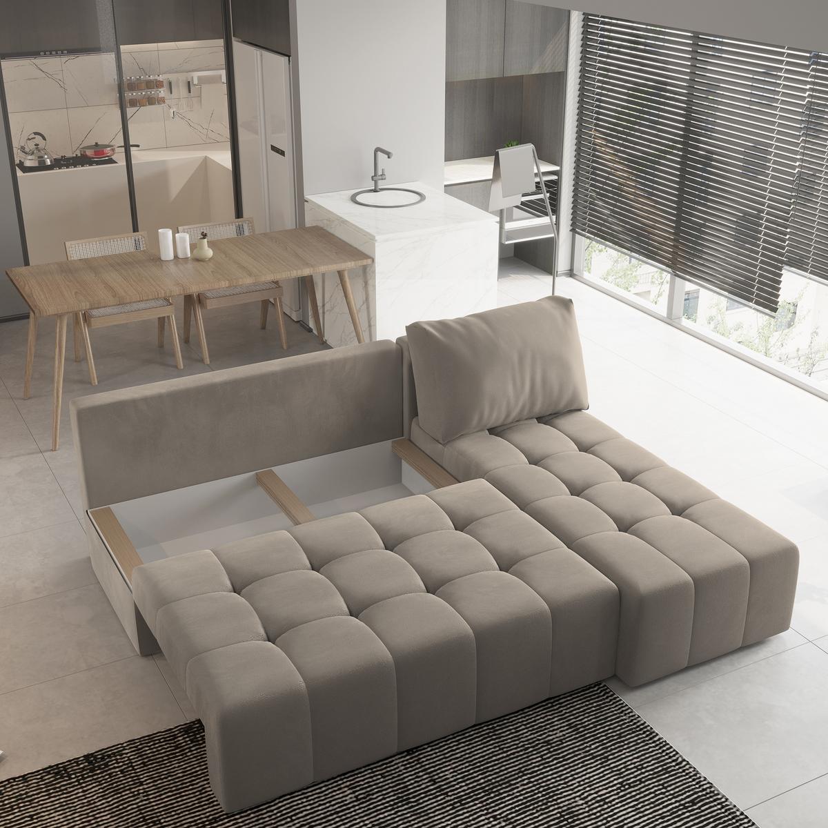 ECKSOFA DOMIRA Beige Plüsch-Stoff mit Schlaffunktion - Beige, Holz (200/141cm) - MASSENO