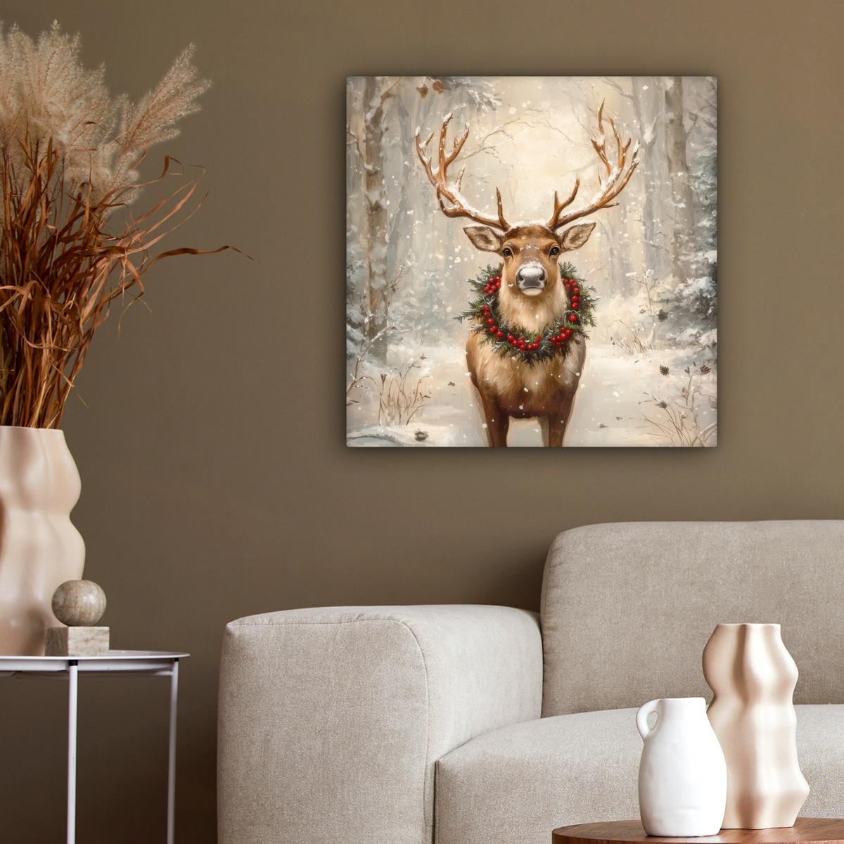 LEINWANDBILD Weihnachten - Rentier - Winter - Kranz Wandbild Wohnzimmer 50x50 cm - Naturfarben, Textil (50/50cm) - MuchoWow