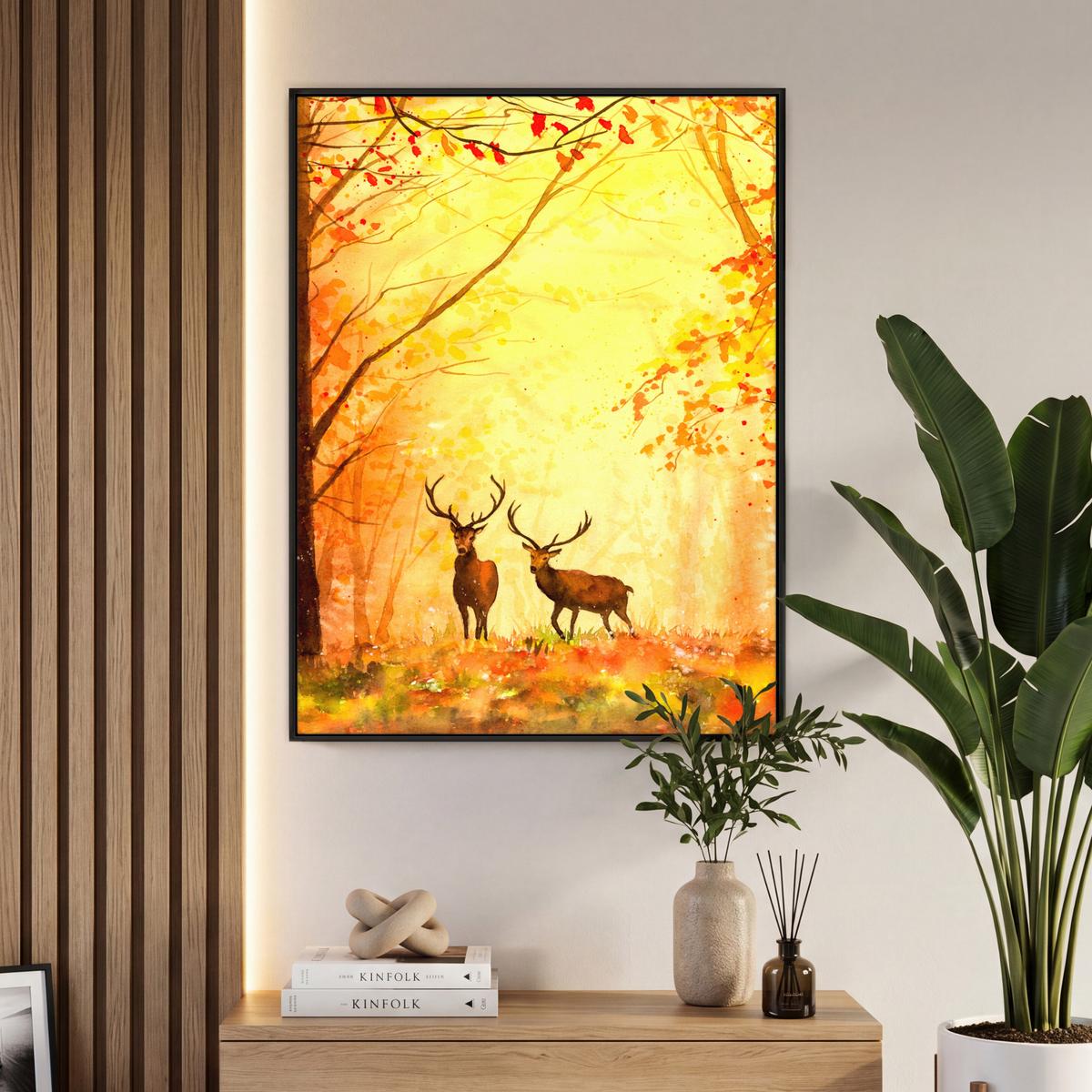 LEINWAND Bilder mit Rahmen - Natur - Ölfarbe - Hirsche - Tiere - Herbst - Orange - 70x100 - Orange, Textil (70/100cm) - MuchoWow