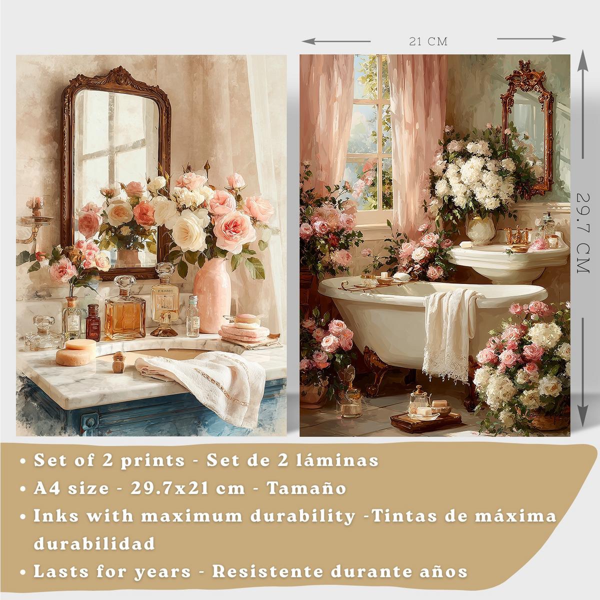POSTER 2er-Set dekorative Badezimmerdrucke, romantischer Stil, Bilder mit Rosen, Spiegelewanne, elegante, Wohndekoration Leichter Holzrahmen A4 - Beige, Papier (29.7/21/3cm) - Nacnic