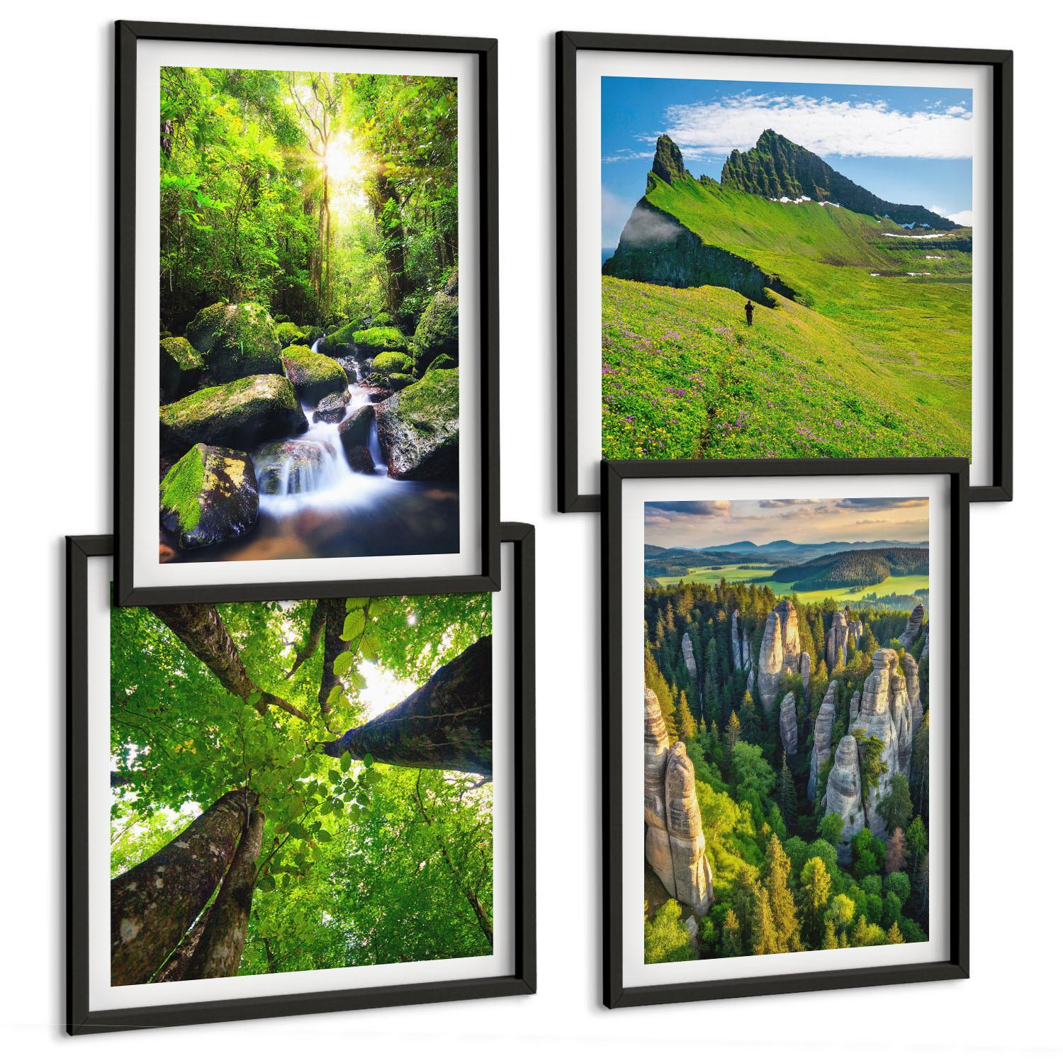 BILDER SET 4er Set - 50x50 cm & 40x60 cm Schwarzer Rahmen - Grüne Berge Wasserfallwald - Schwarz, Kunststoff (50/50cm) - TULUP