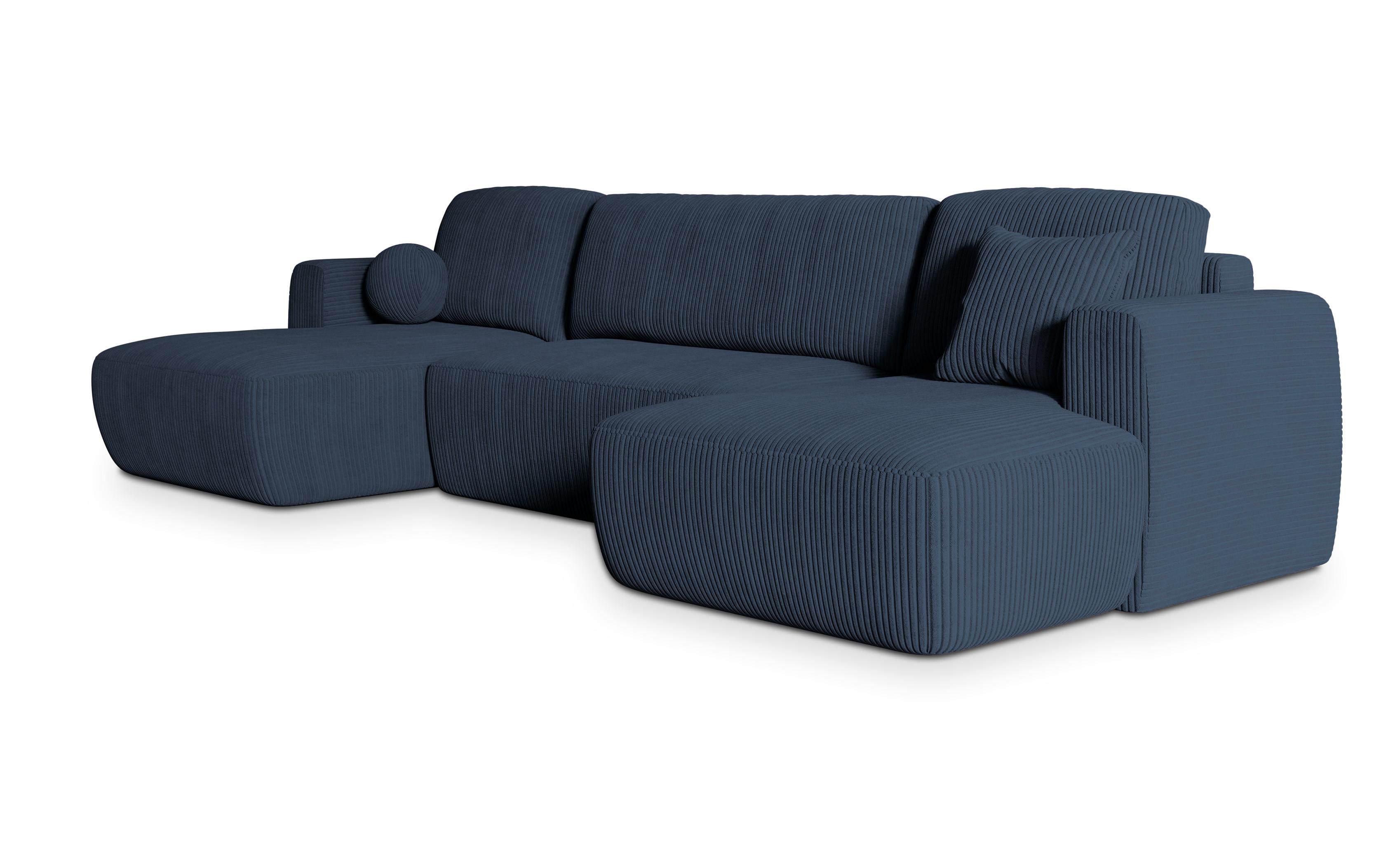 WOHNLANDSCHAFT SENTUM P Blau Kordstoff mit Schlaffunktion - Blau/Schwarz, Holz/Kunststoff (330/90/148cm) - MASSENO