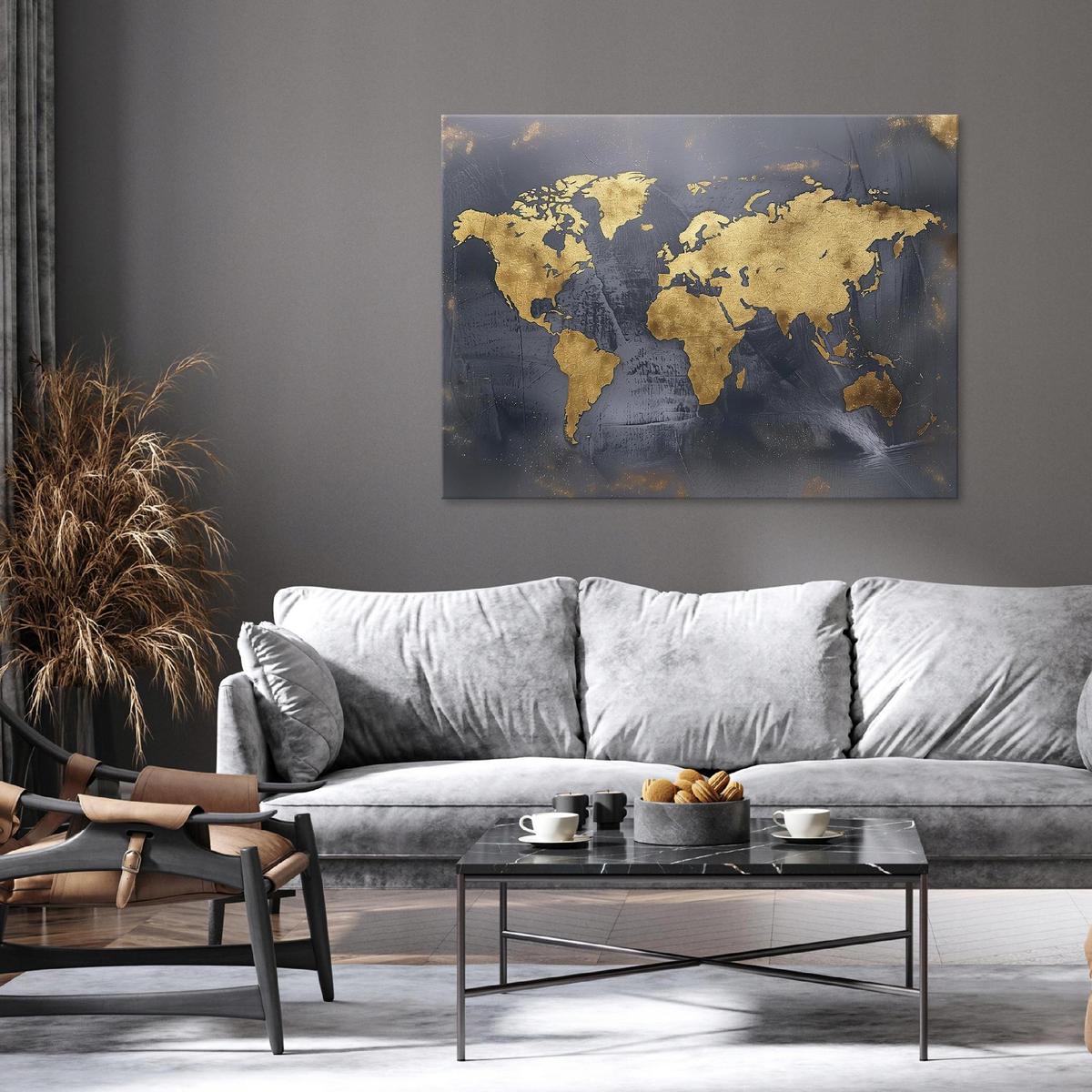 BILDER Weltkarte Gold Schwarz 100x70 - Multicolor, Holzwerkstoff (100/70cm) - Wallarena