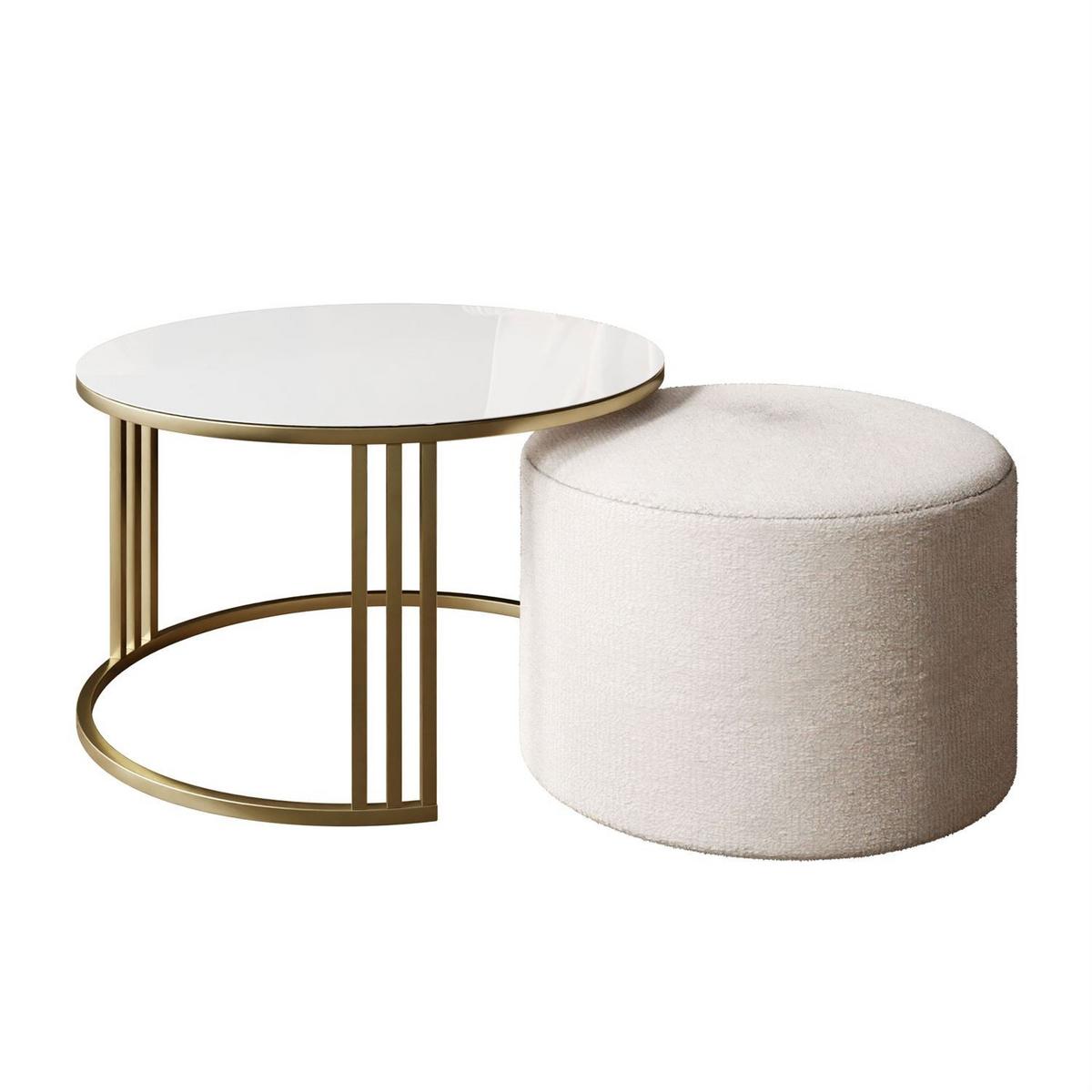 COUCHTISCH mit Hocker LORI GLASS gebürstetes Gold/weißes Glas/Perfect Harmony 01 - Schwarz, Metall (70/70/49cm) - Lookway