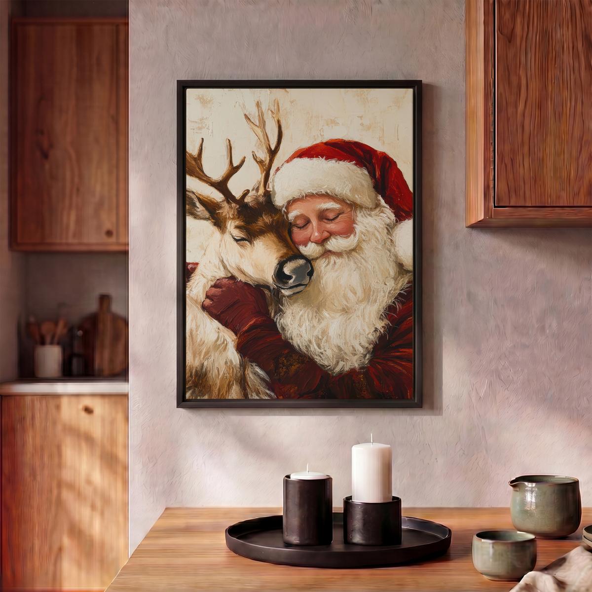 LEINWAND Bilder mit Rahmen - Weihnachtsmann - Rentier - Weihnachten - 30x40 - Rotbraun, Textil (30/40cm) - MuchoWow