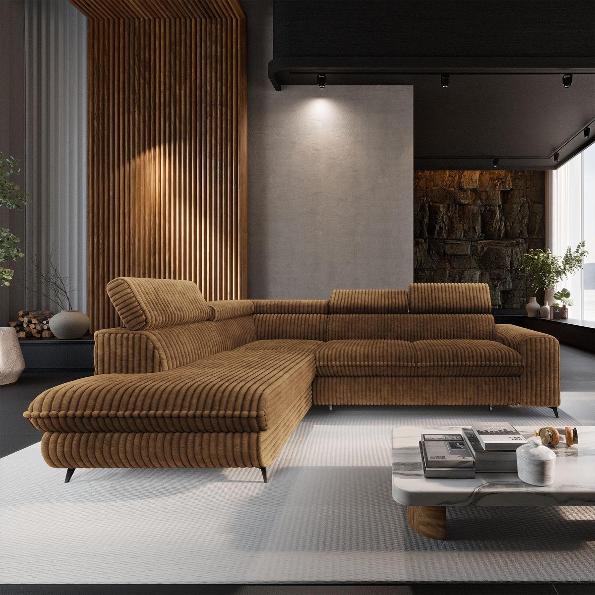 ECKSOFA VELISS Orange Kordstoff mit Schlaffunktion - Orange, Holz (255/193cm) - MASSENO