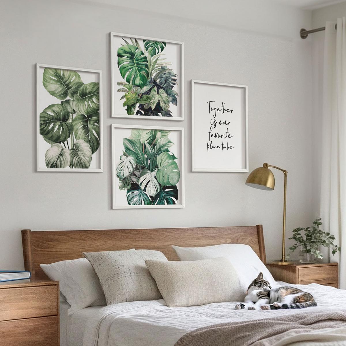 BILDER SET 4er Set - 50x50 cm & 40x60 cm Weißer Rahmen - Dekoration aus grünen tropischen Blättern - Weiß, Kunststoff (50/50cm) - TULUP