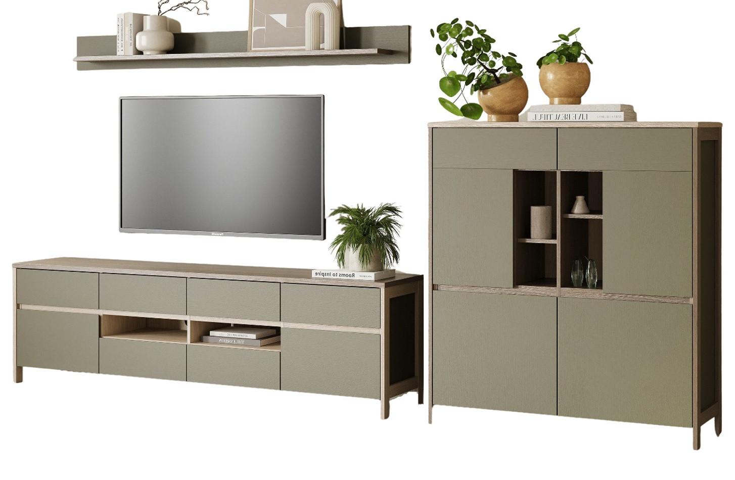 WOHNWAND Salbei grün, Eiche, Wohnkombination skandinavisch 3-teilig 319 cm, Soft-Close - Salbeigrün/Eichefarben, Glas/Holzwerkstoff (319/170/39cm) - Furn.Design