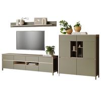 WOHNWAND Salbei grün, Eiche, Wohnkombination skandinavisch 3-teilig 319 cm, Soft-Close - Salbeigrün/Eichefarben, Glas/Holzwerkstoff (319/170/39cm) - Furn.Design