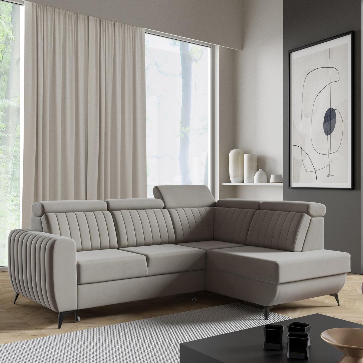 ECKSCHLAFSOFA Connor II verstellbare Kopfstützen, Dunkelbeige, rechts - Beige/Schwarz, Textil (268/204cm) - Beautysofa
