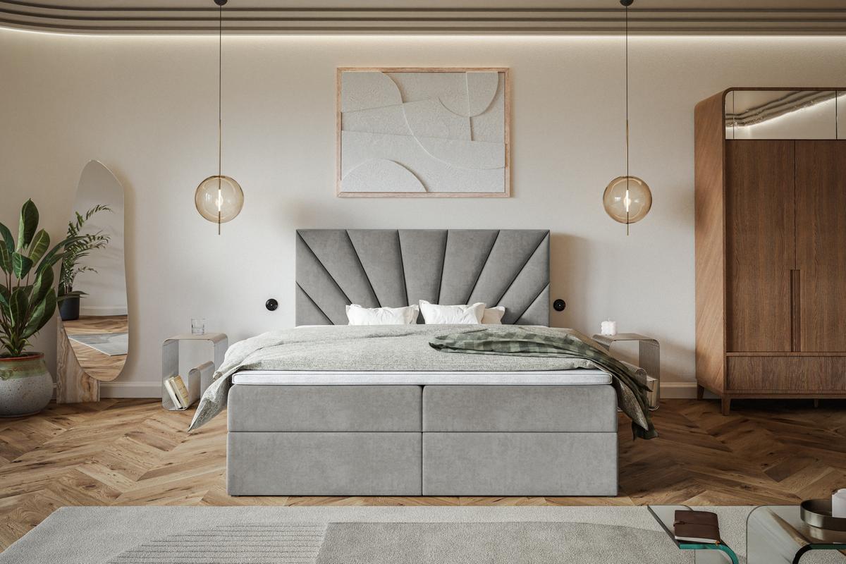 BOXBETT DENVER mit 2 Bettkästen, 160x200, Farbe: Grau, Velourstoff, Doppelbett mit Bonell-Matratze - Grau, Holz/Kunststoff (160/200cm) - Alpi-Möbel