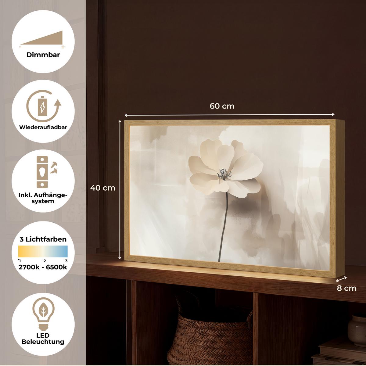 WANDLEUCHTE MIT AKKU Blume - Beige - Farbe - Schatten 60x40 cm - Beige, Holzwerkstoff (60/40/8cm) - OnlyWow