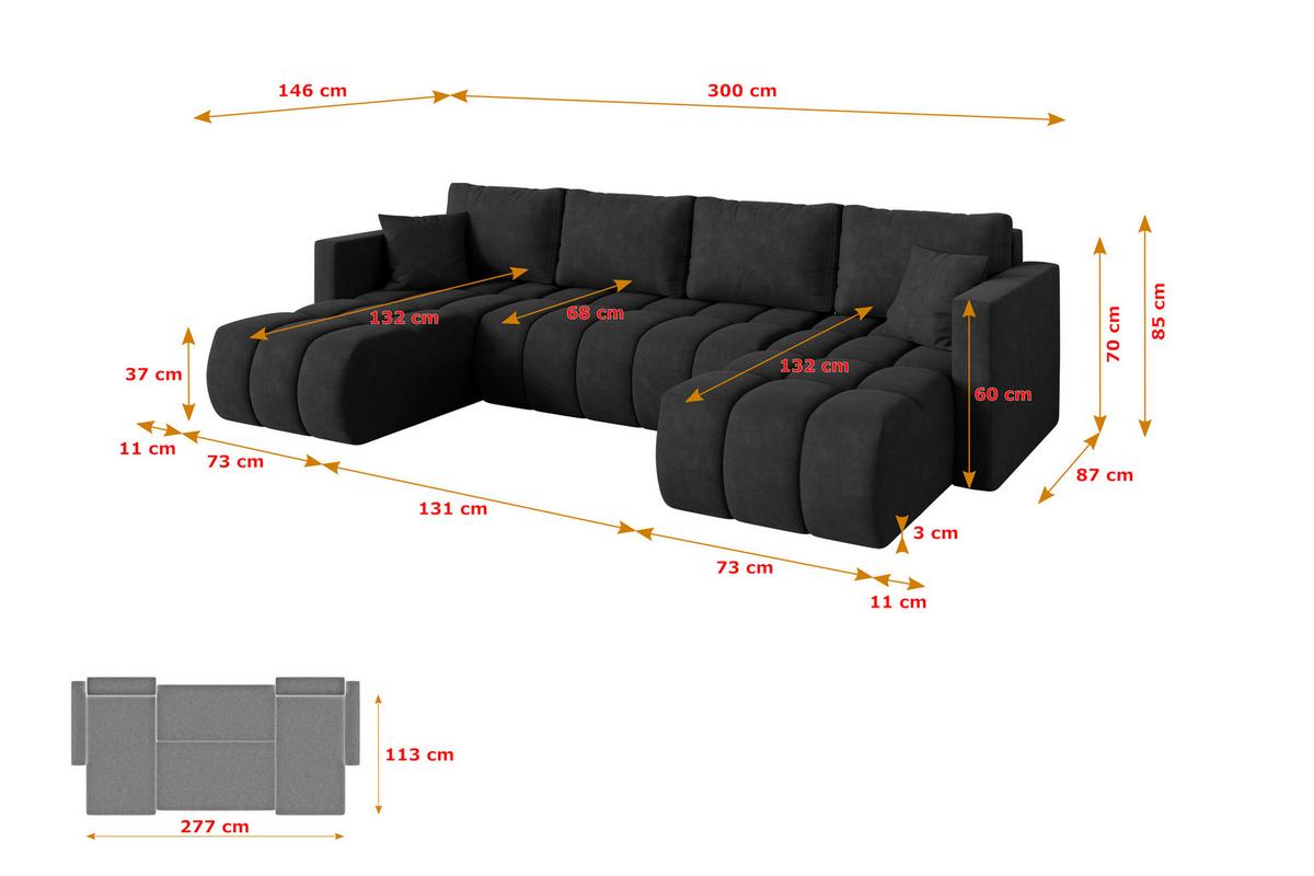 WOHNLANDSCHAFT mit Schlaffunktion und Bettkasten GARD-U 300x146x85 Schwarz Velours - Schwarz, Holzwerkstoff/Kunststoff (300/85/146cm) - ALTDECOR