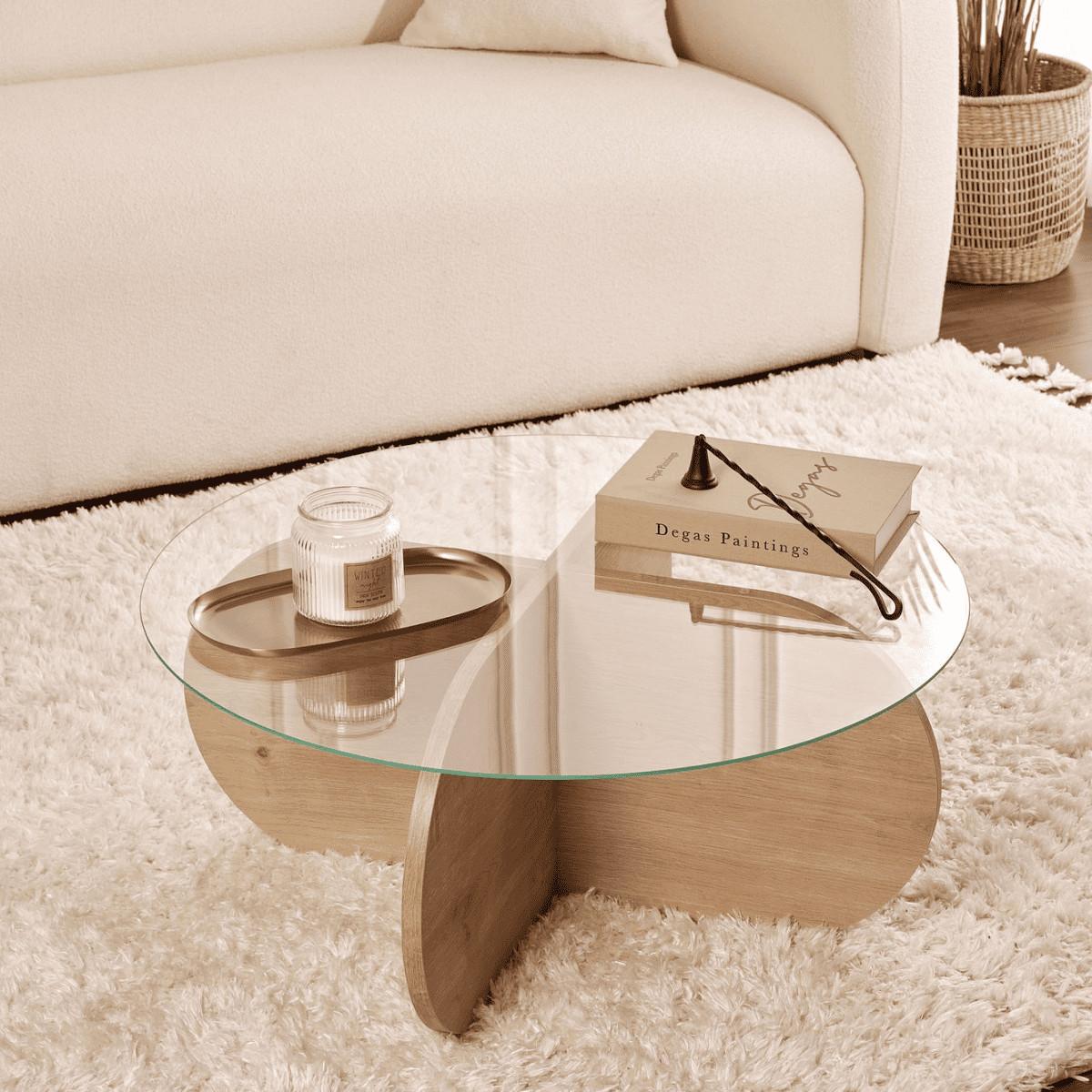 COUCHTISCH mit gekreuzten Beinen und gehärteter Glasplatte 75/75/35 cm - Eichefarben, Holzwerkstoff (5.5/75/35cm) - Calicosy