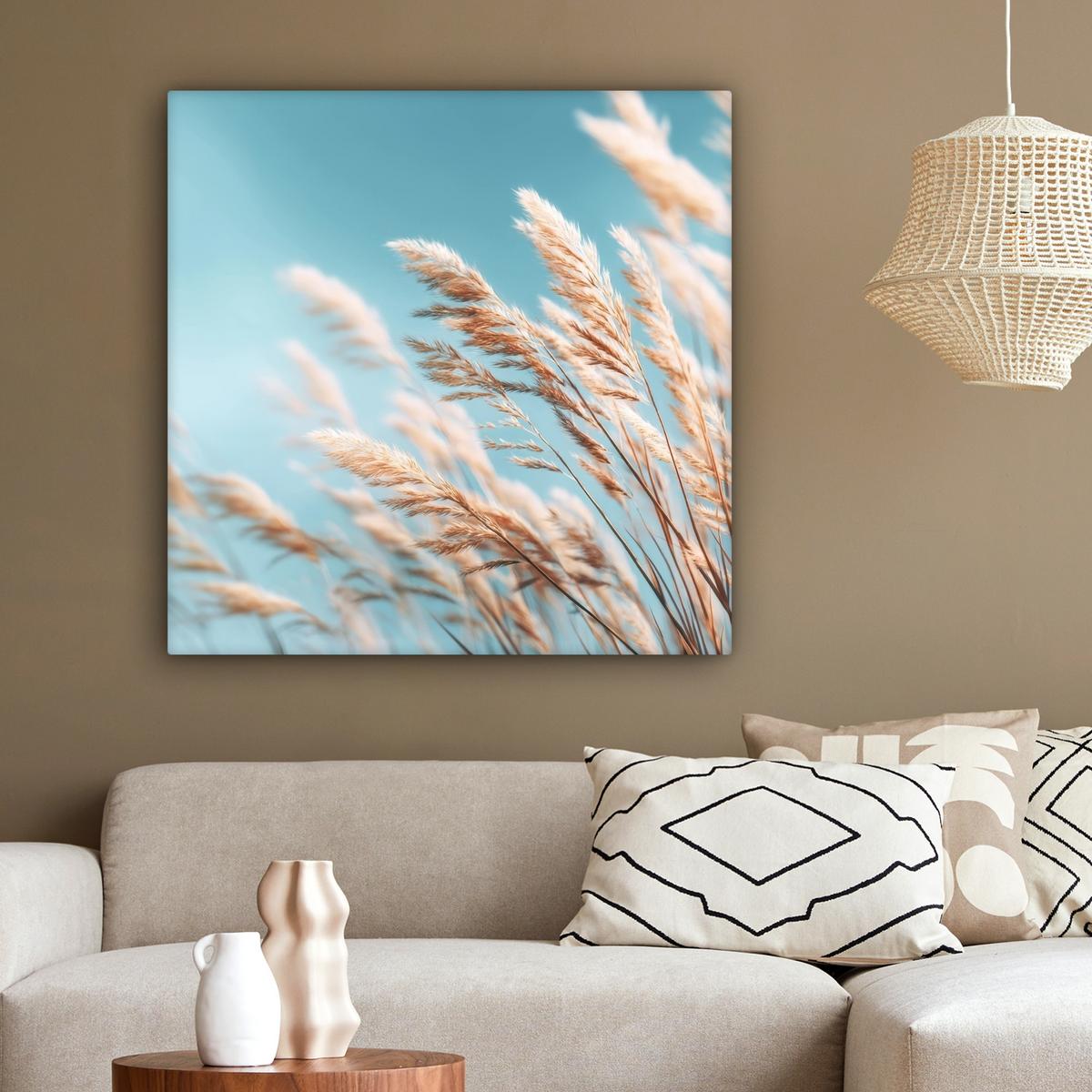 LEINWANDBILD Ziergras - Wind - Hellbraun Deko Groß 90x90 cm - Hellblau, Textil (90/90cm) - MuchoWow