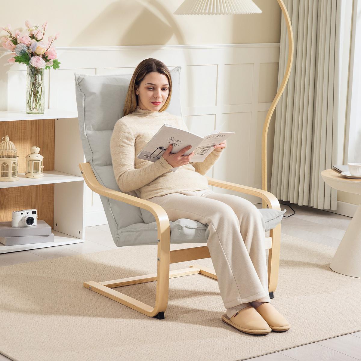 RELAXSESSEL Polyester Cremeweiß - Creme, Holz/Birkenholz (67/105/83cm) - HOMCOM