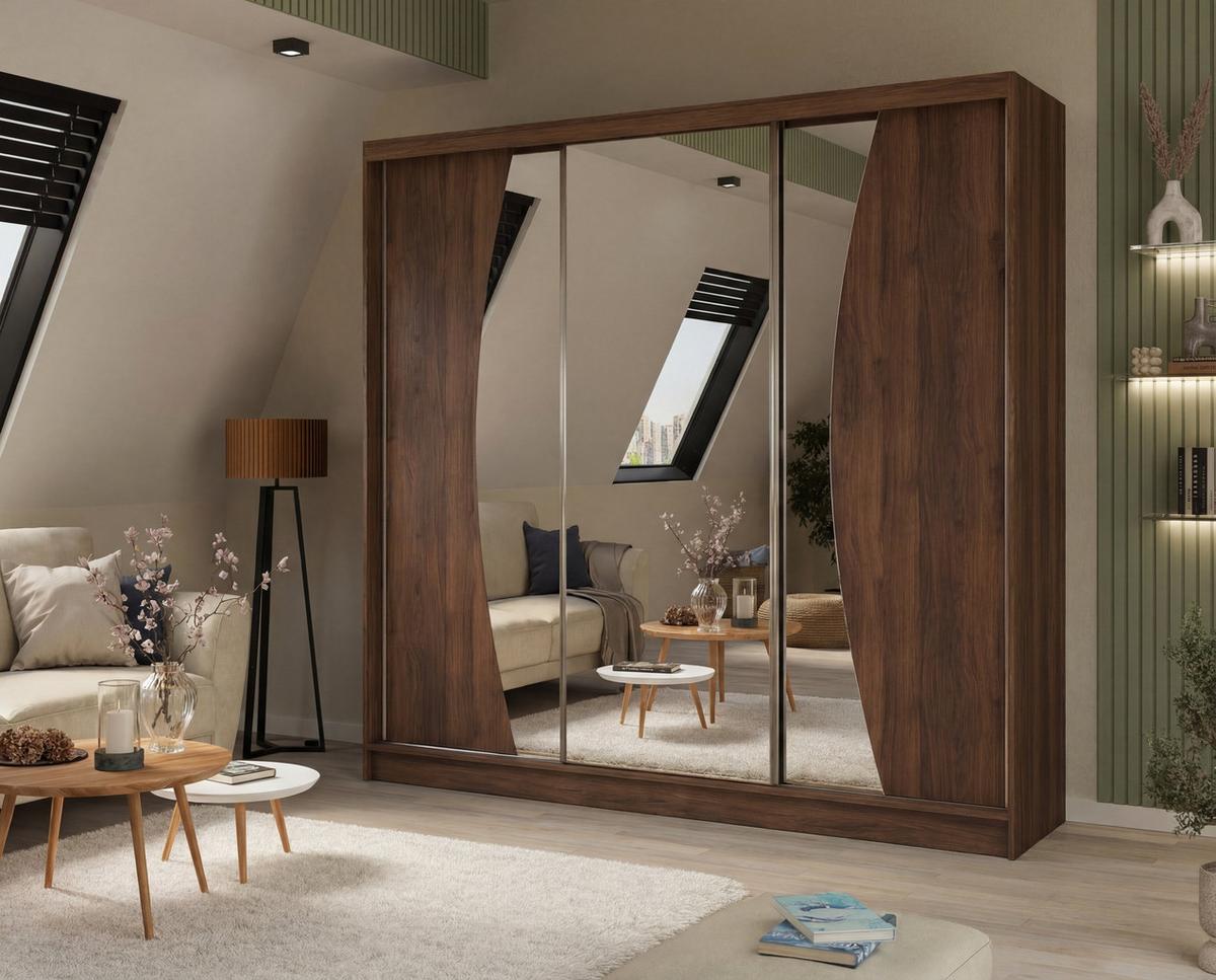 SCHWEBETÜRENSCHRANK VOCE 240/216/61 cm Modern Kleiderschrank 3-türig mit Spiegel Nussbaumfarben - Nussbaumfarben, Holzwerkstoff (240/216/61cm) - MASSENO