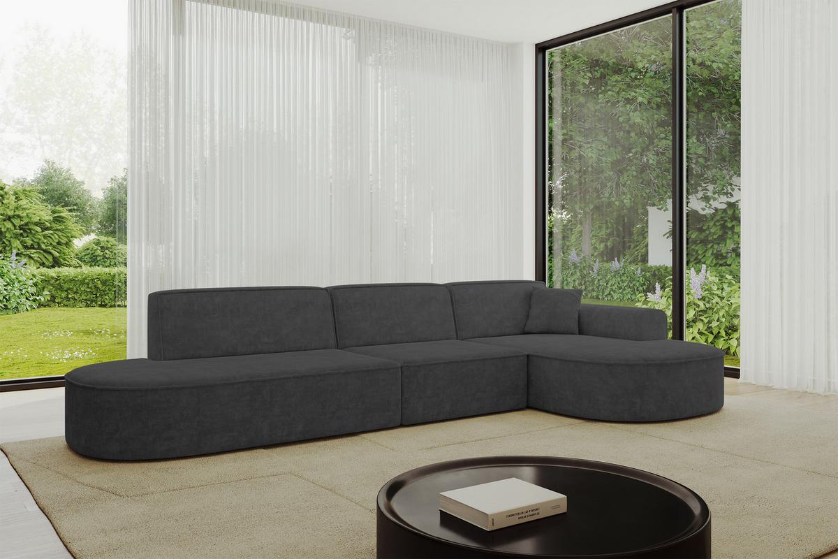 ECKSOFA Ottomane Rechts MARI-L2 - 328x171x79 cm Dunkelgrau Velours - Dunkelgrau/Schwarz, Holzwerkstoff/Kunststoff (171/328cm) - ALTDECOR