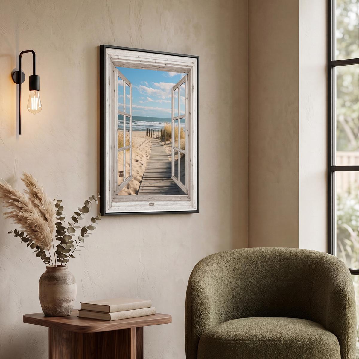 LEINWAND Bilder mit Rahmen - Fenster - Meer - Küste - Natur - Ausblick - Strand - Wattenmeer - 50x70 - Beige, Textil (50/70cm) - MuchoWow