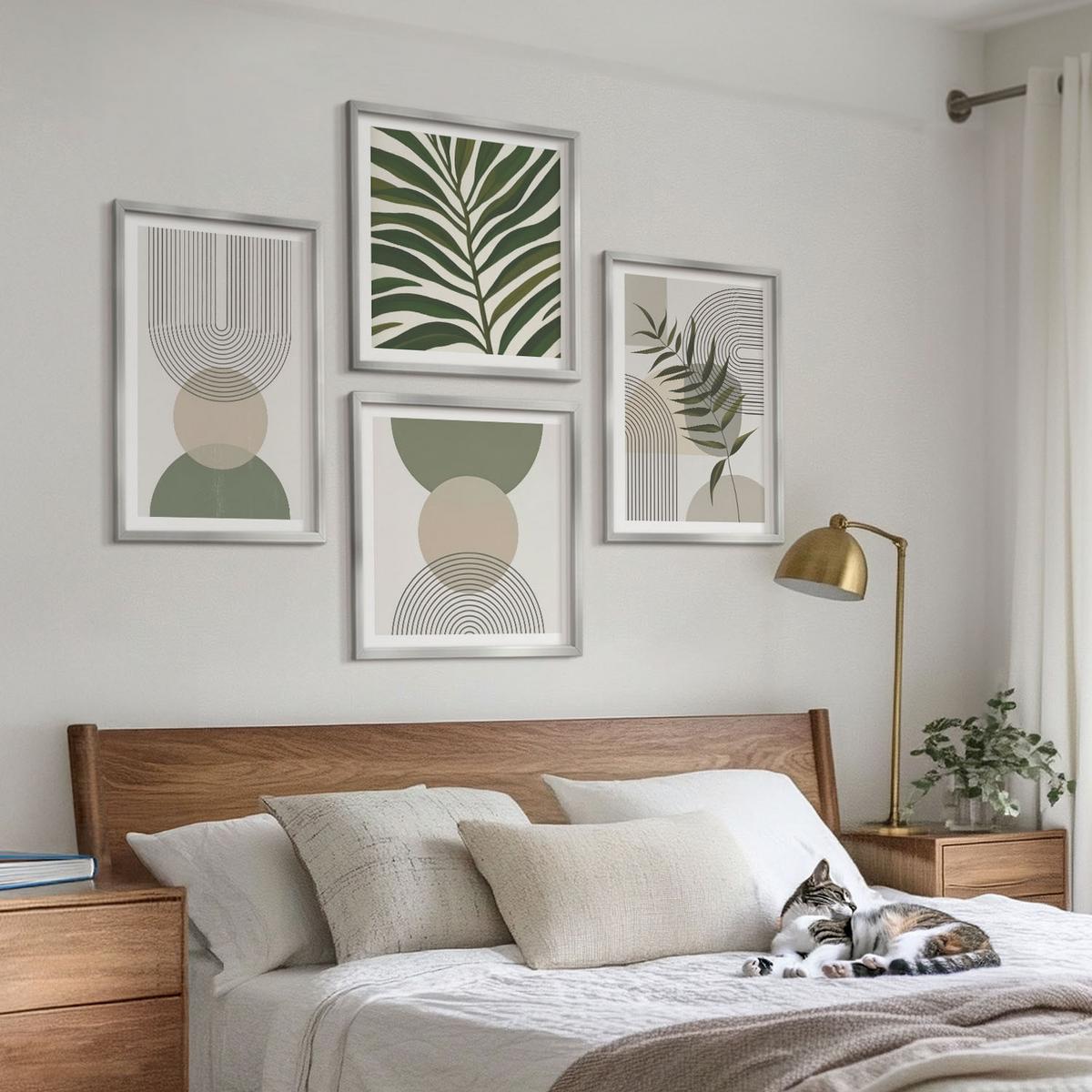 BILDER SET 4er Set - 50x50 cm & 40x60 cm Silberner Rahmen - Abstrakte Blätter im Boho-Stil - Silberfarben, Kunststoff (50/50cm) - TULUP