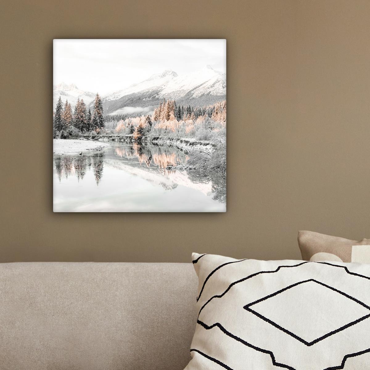 LEINWANDBILD Natur - Winter - Bäume - Berge - Schnee Deko Wohnzimmer 20x20 cm - Weiß Hochglanz, Textil (20/20cm) - MuchoWow