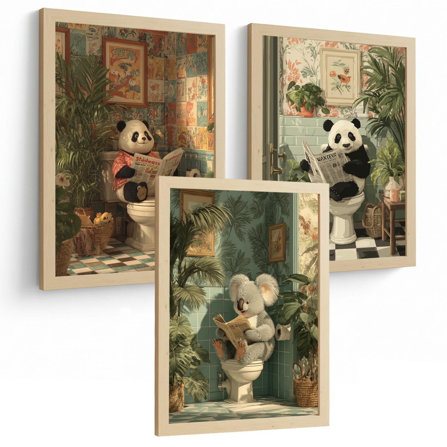 POSTER 3er-Set lustige Badezimmer-Drucke, Panda- und Koala-Tiermotive für Toilette, witziges für Toilette, Vintage-Botanik-Stil Leichter Holzrahmen A3 - Beige, Papier (42/29.7/3cm) - Nacnic