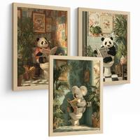 POSTER 3er-Set lustige Badezimmer-Drucke, Panda- und Koala-Tiermotive für Toilette, witziges für Toilette, Vintage-Botanik-Stil Leichter Holzrahmen A3 - Beige, Papier (42/29.7/3cm) - Nacnic