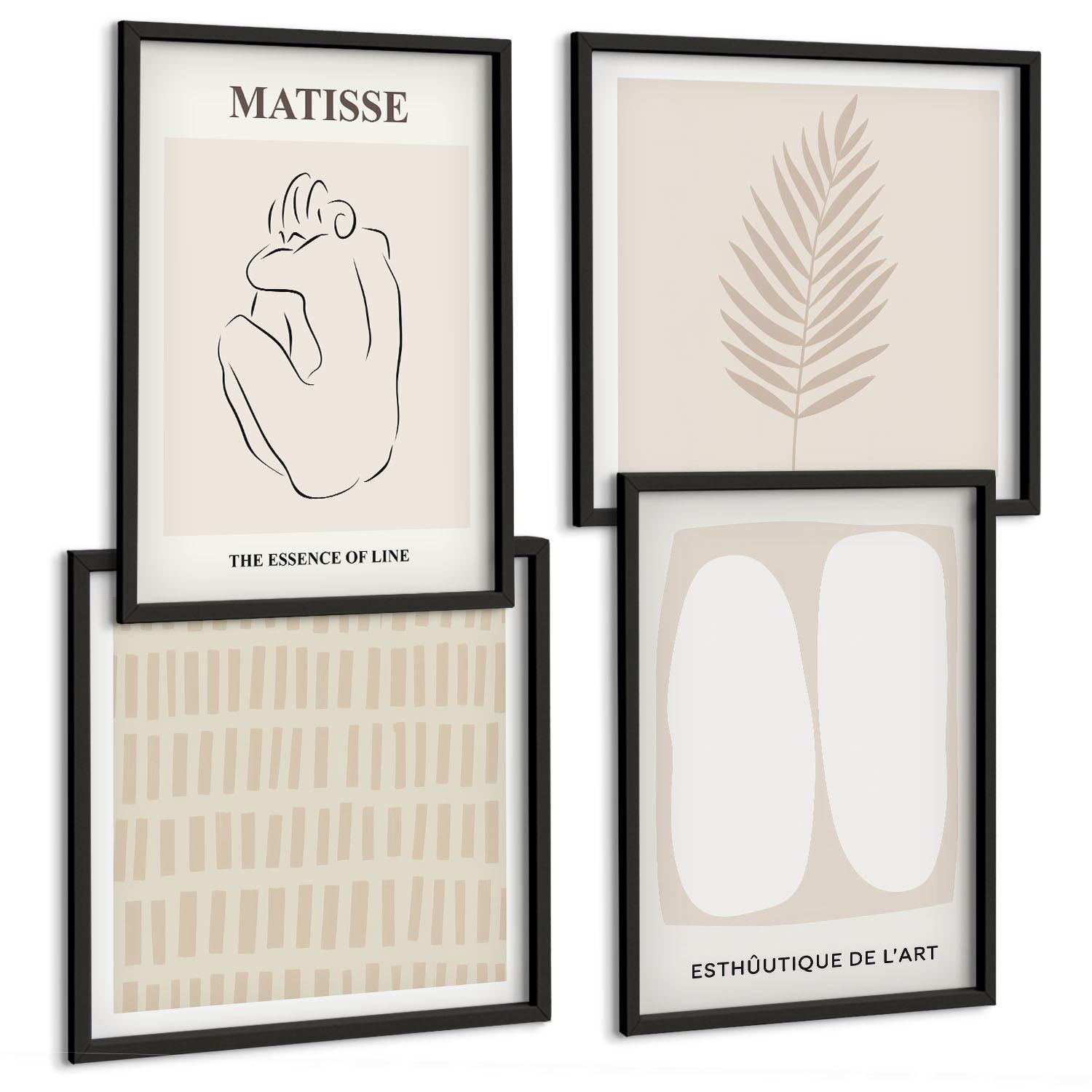 BILDER SET 4er Set - 50x50 cm & 40x60 cm Schwarzer Rahmen - Linien, Formen, Beige, Weiß - Schwarz, Kunststoff (50/50cm) - TULUP