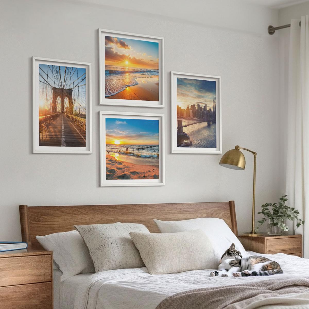 BILDER SET 4er Set - 50x50 cm & 40x60 cm Weißer Rahmen - Brücken, Sonnenuntergänge, Stadt - Weiß, Kunststoff (50/50cm) - TULUP
