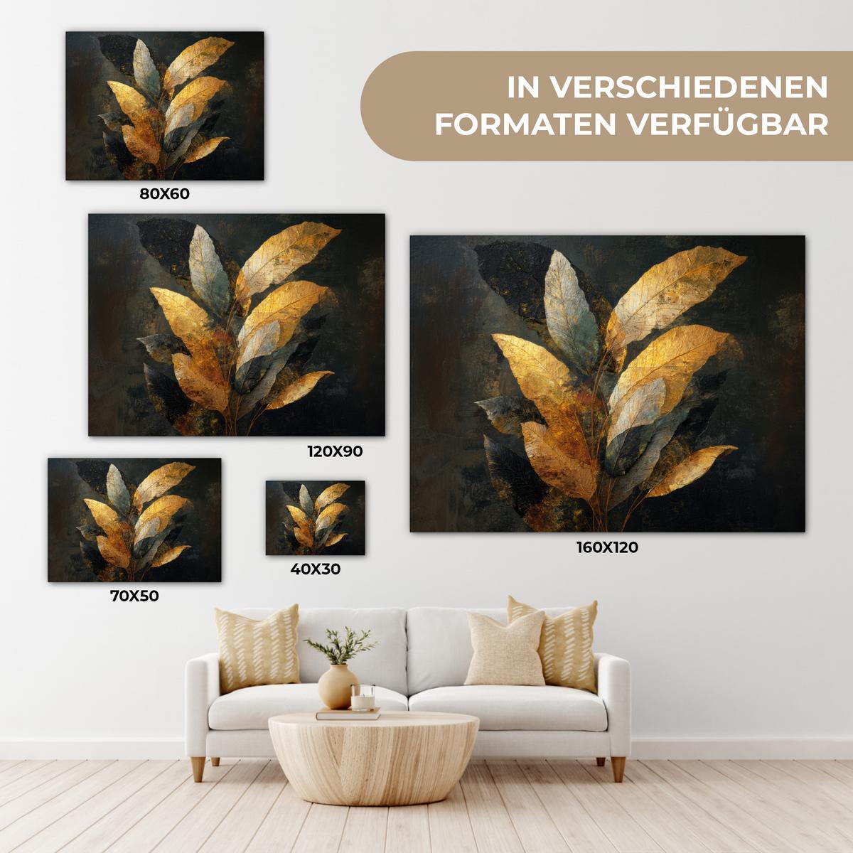 LEINWANDBILD Golden Leaf Komposition - Botanical Luxury Wandbild 40x30 cm - Goldfarben/Schwarz, Textil (40/30cm) - MuchoWow