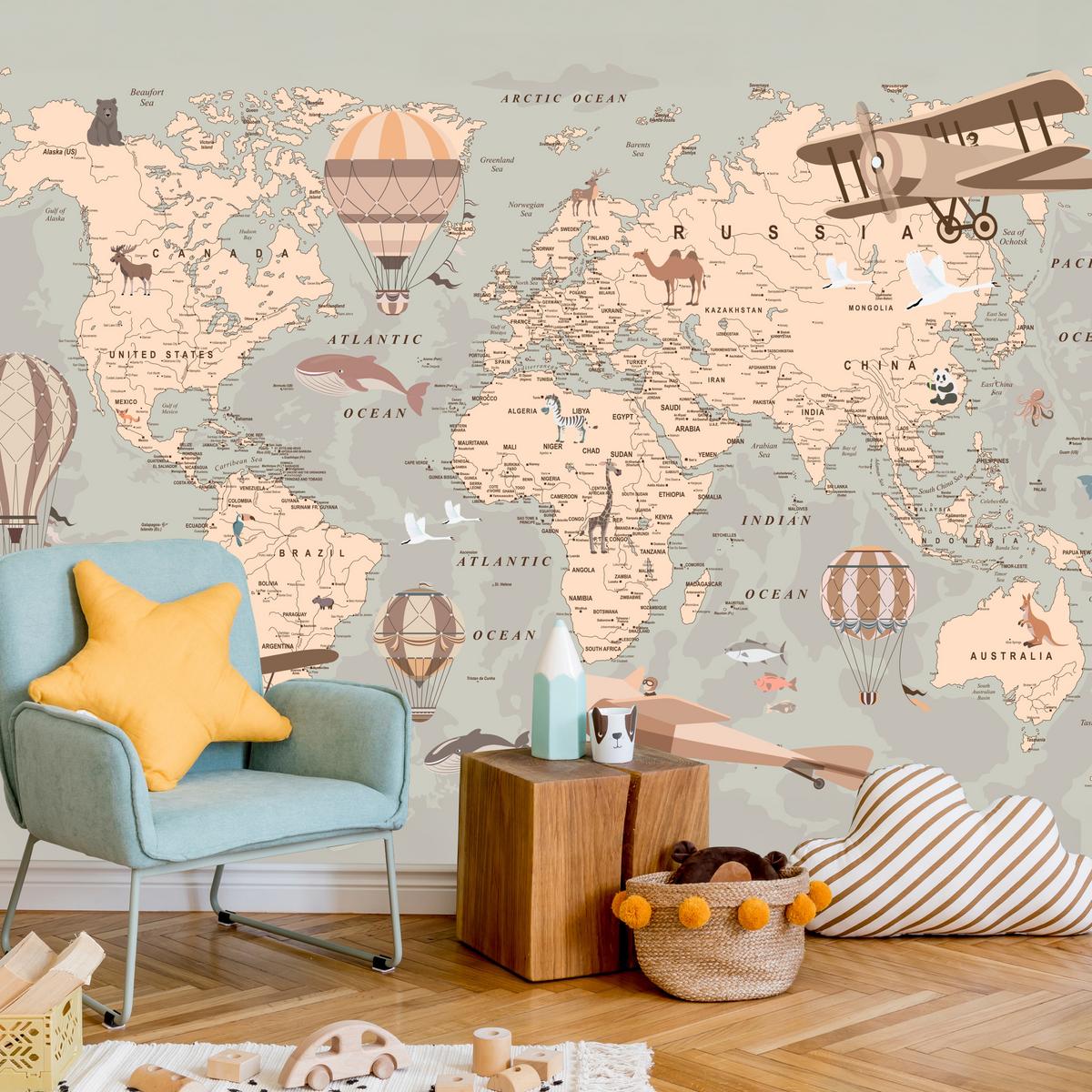 FOTOTAPETE für Kinderzimmer Retro Weltkarte Balony Flugzeuge 100x70 - Beige/Orange, Papier (100/70cm) - Muralo