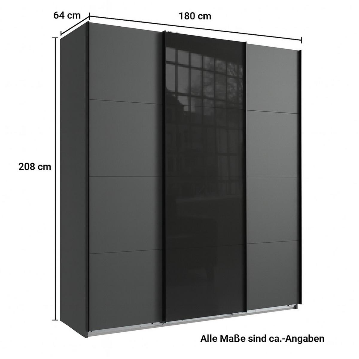 SCHWEBETÜRENSCHRANK 3-türig B180/H208/T64 cm in Grafit, Kleiderschrank mit einer Glasfront-Tür in Grau / 22516 - Graphitfarben/Weiß, Holzwerkstoff/Metall (180/208/64cm) - luma-home