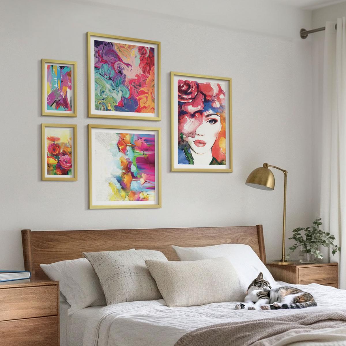 BILDER SET 5er Set - 50x50 cm & 20x30 cm & 40x60 cm Goldrahmen - Farbenfrohe Abstraktionen der Form - Goldfarben, Kunststoff (40/60cm) - TULUP