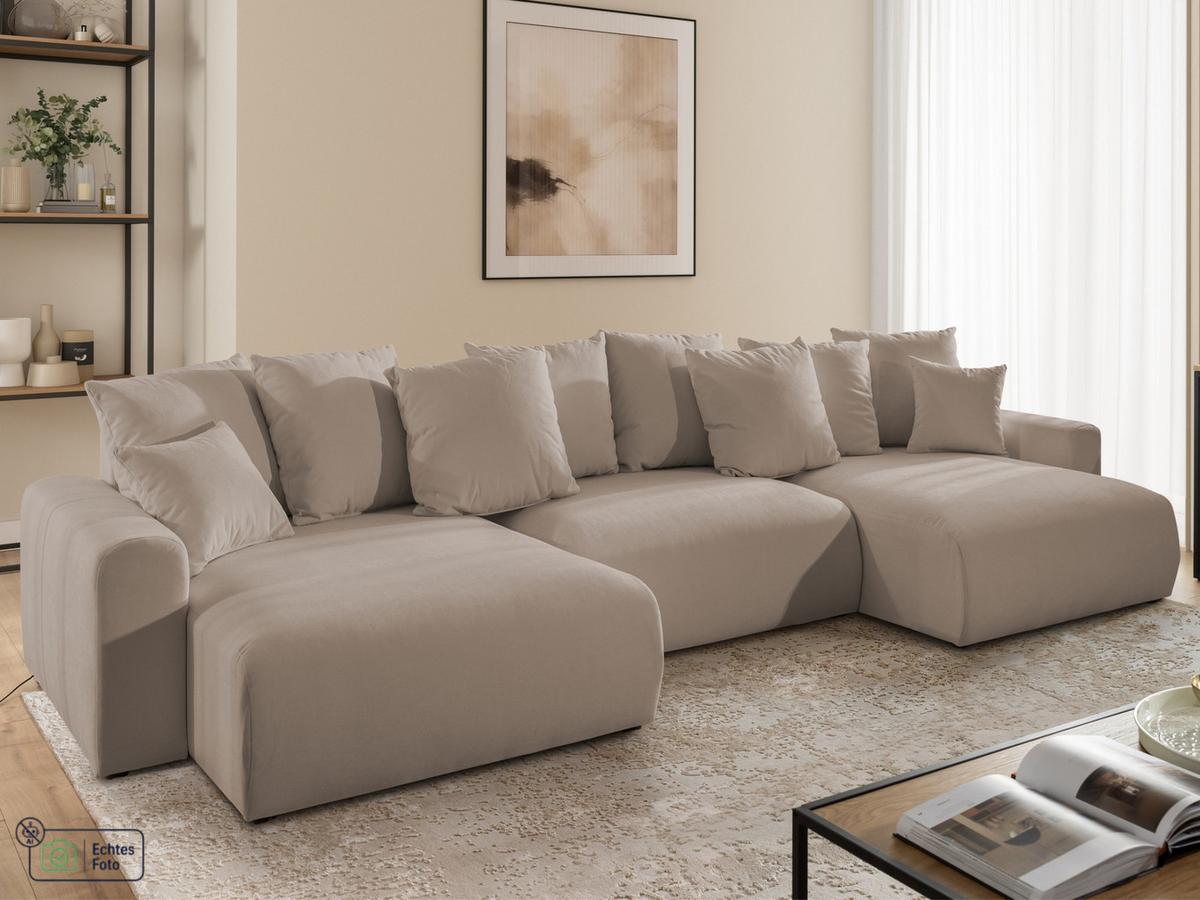 WOHNLANDSCHAFT Calma mit Schlaffunktion und Bettkasten im Bumpy-Design aus weichem Greige Webstoff - Greige/Schwarz, Holz/Textil (336/88/140cm) - S-Style