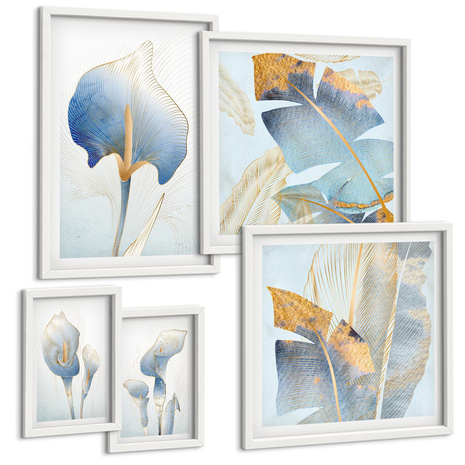 BILDER SET 5er Set - 50x50 cm & 20x30 cm & 40x60 cm Weißer Rahmen - Blaue Blumen im Hintergrund - Weiß, Kunststoff (40/60cm) - TULUP